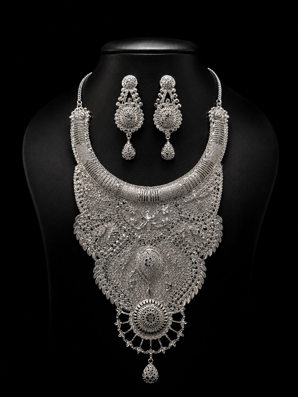 925 Sterling Silver Bridal Necklace Set with Matching Earrings 120 gram