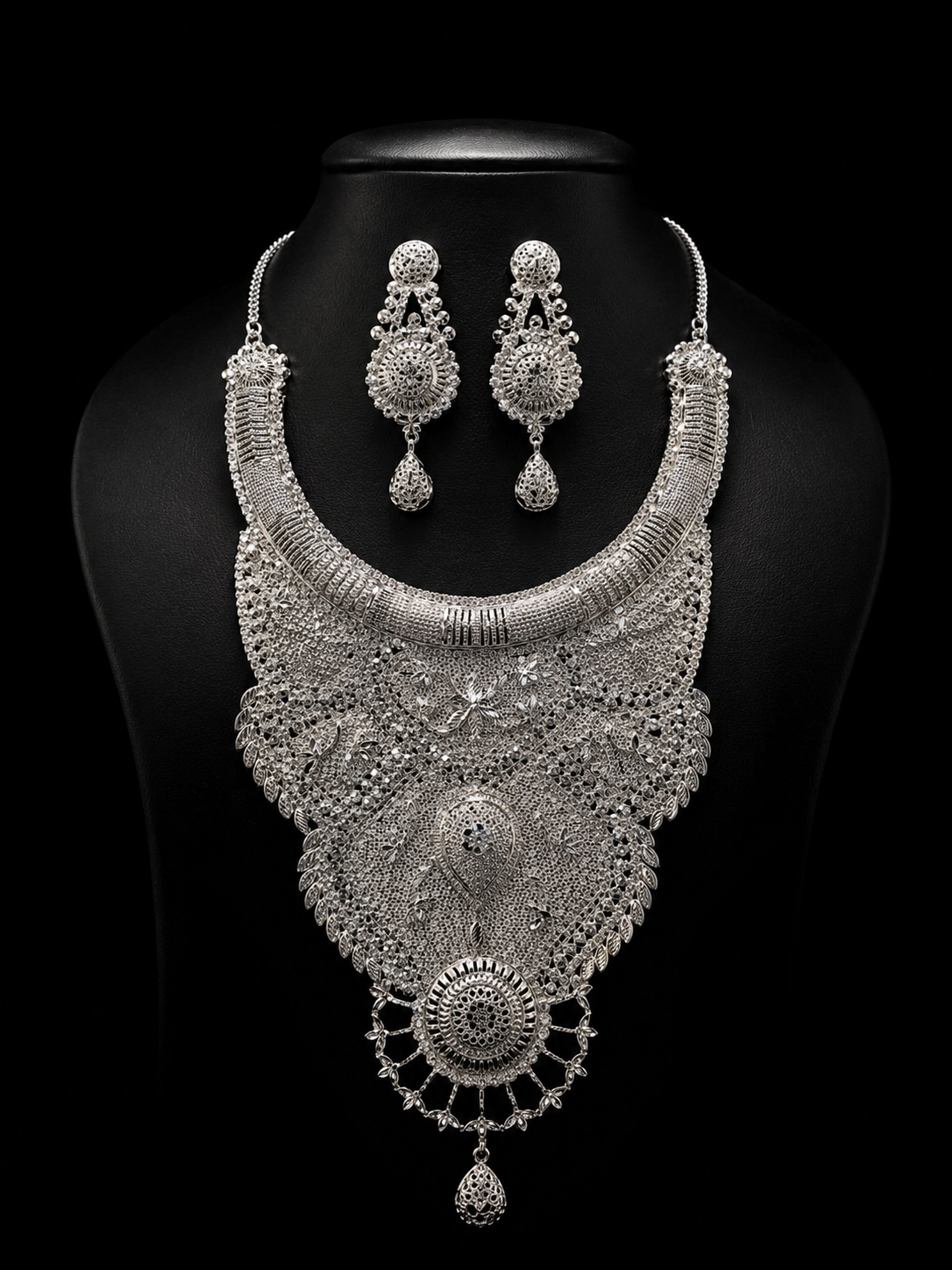 925 Sterling Silver Bridal Necklace Set with Matching Earrings 120 gram