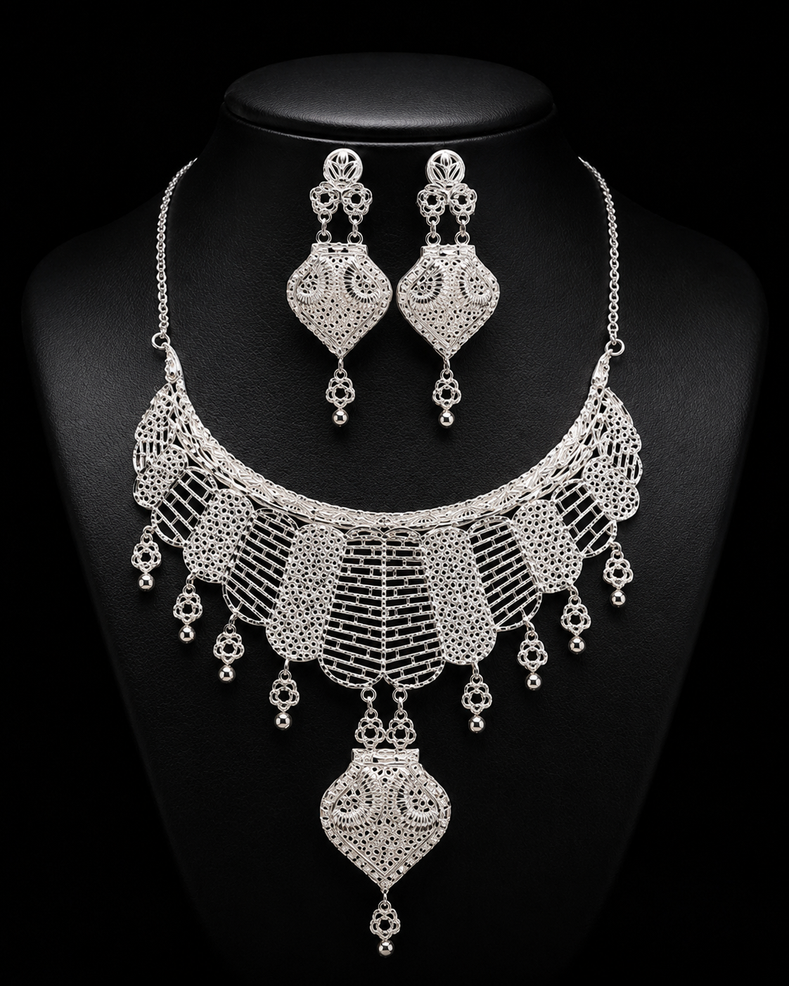 925 Sterling Silver Filigree Statement Necklace Set