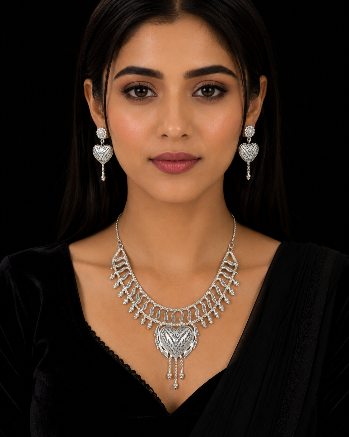 925 Sterling Silver Heart Design Necklace Set