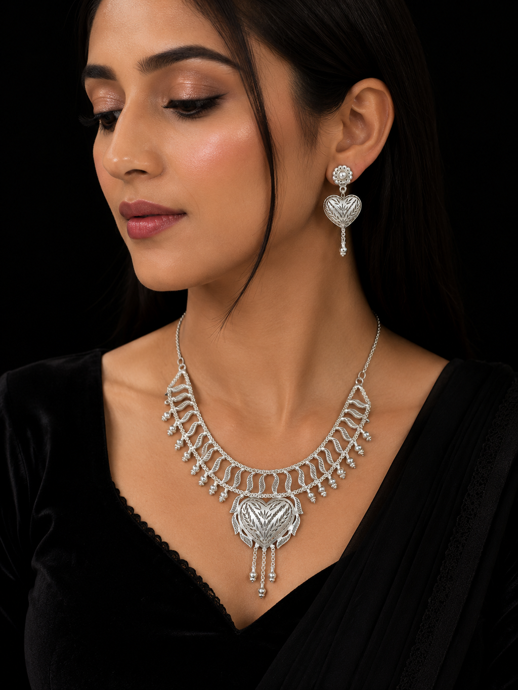 925 Sterling Silver Heart Design Necklace Set