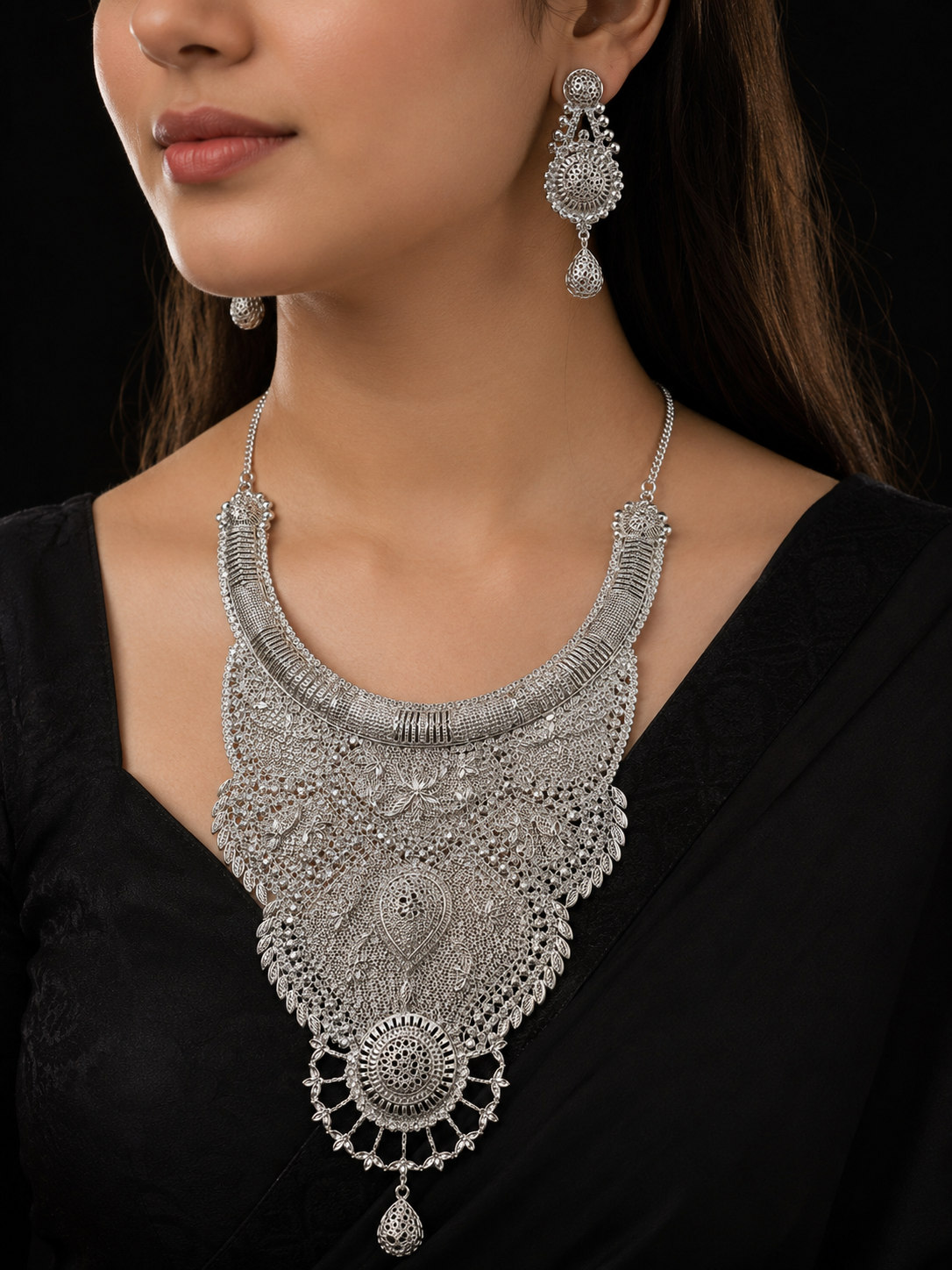 925 Sterling Silver Bridal Necklace Set with Matching Earrings 120 gram