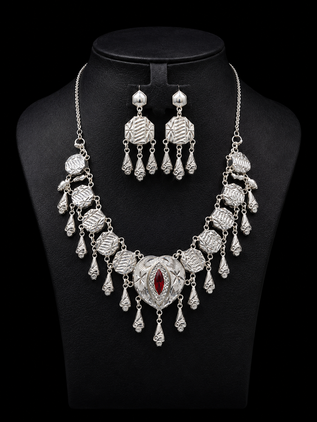 925 Sterling Silver Traditional Necklace Set with Red Stone
