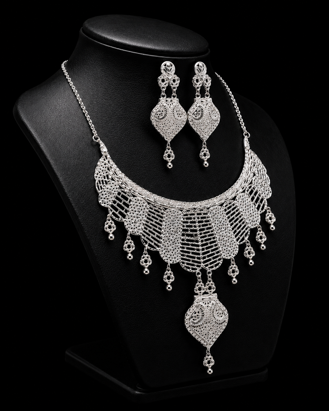 925 Sterling Silver Filigree Statement Necklace Set