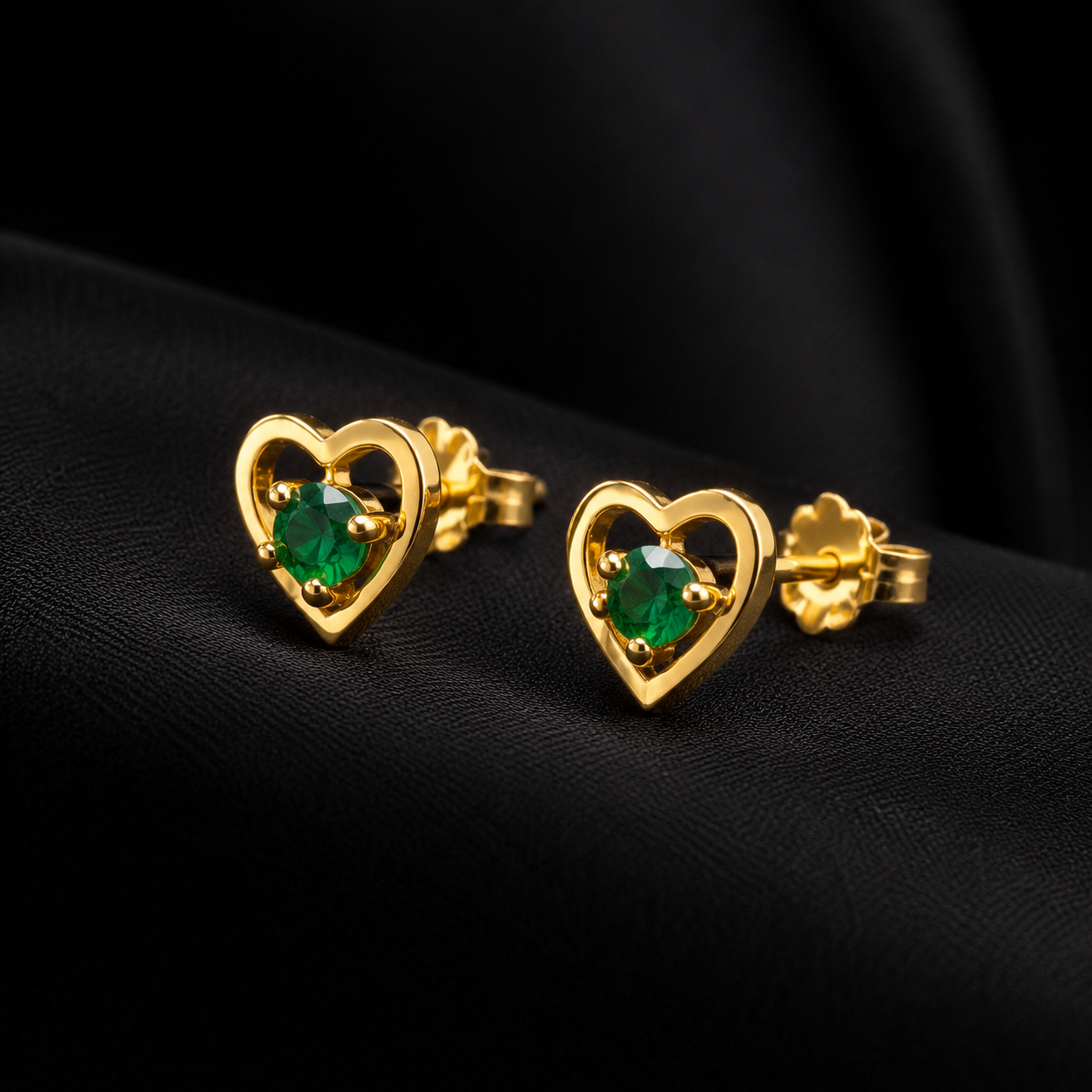 22K Gold Heart Stud Earrings with Green Stone