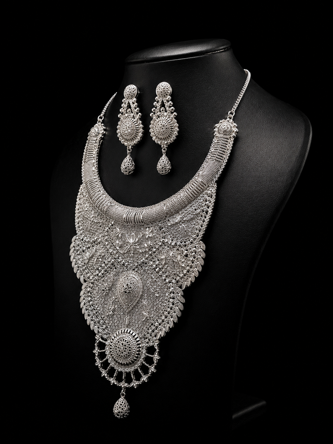 925 Sterling Silver Bridal Necklace Set with Matching Earrings 120 gram