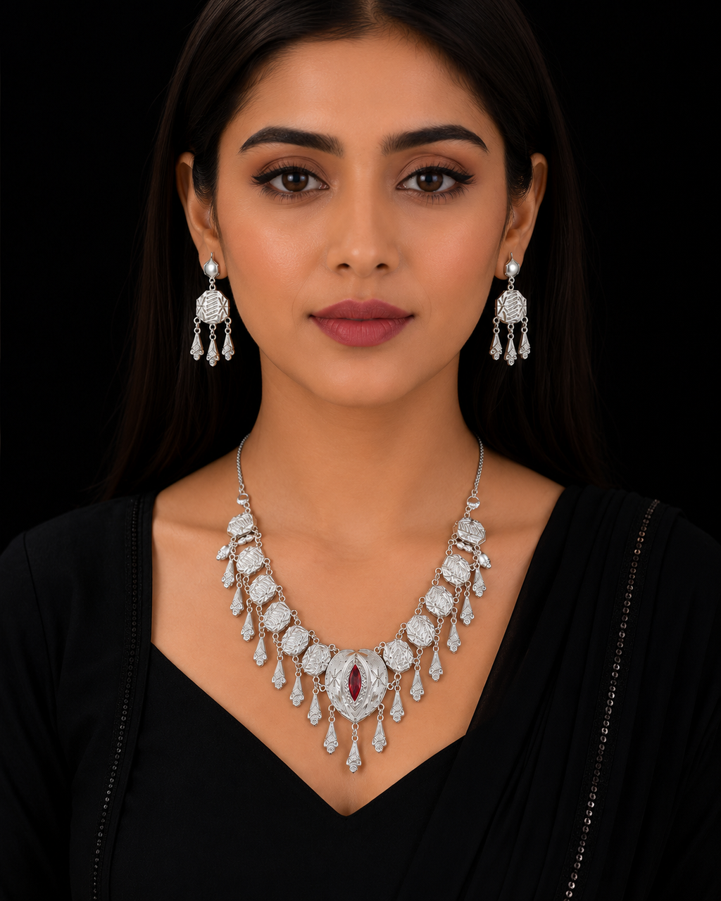 925 Sterling Silver Traditional Necklace Set with Red Stone