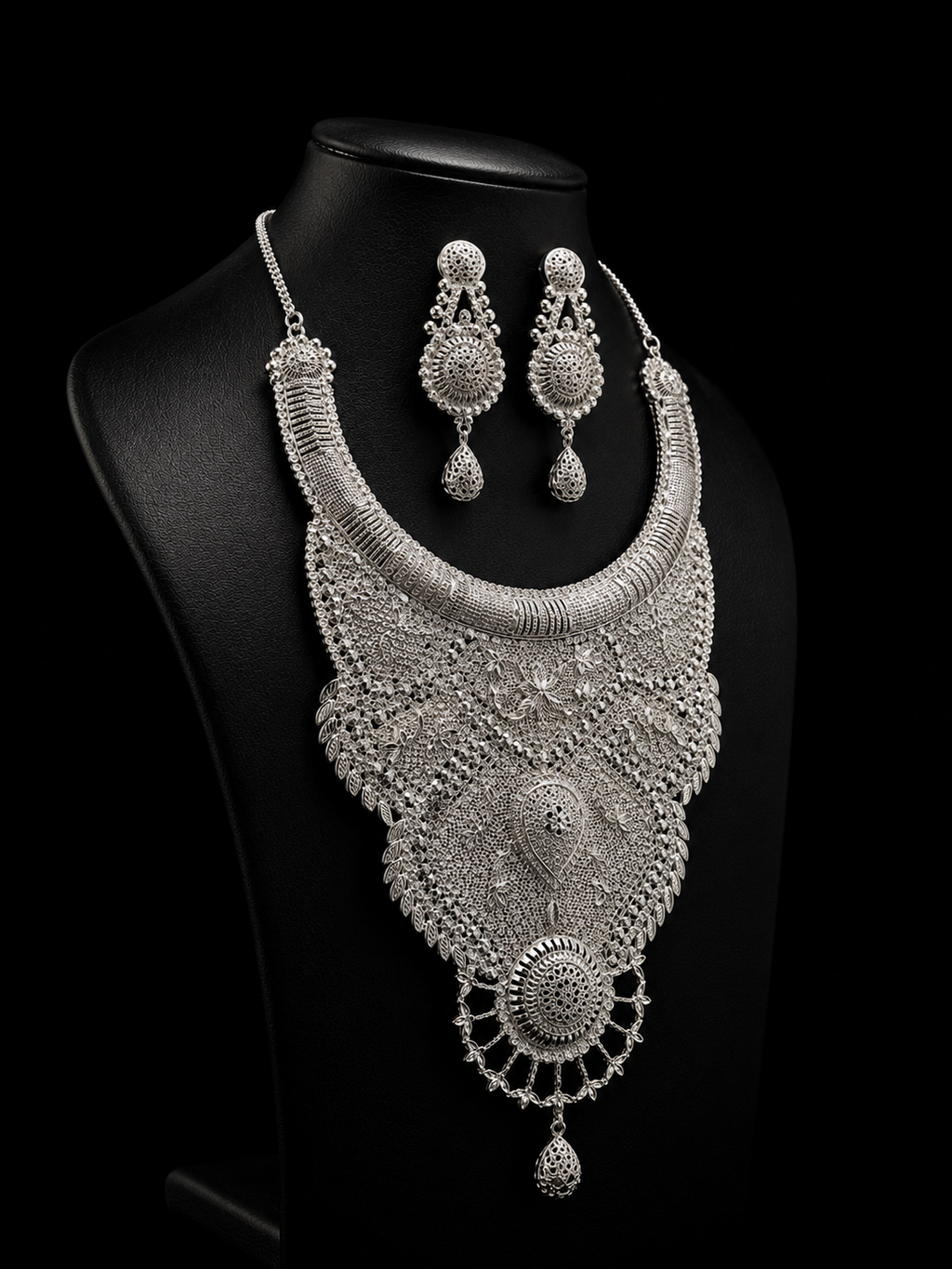 925 Sterling Silver Bridal Necklace Set with Matching Earrings 120 gram