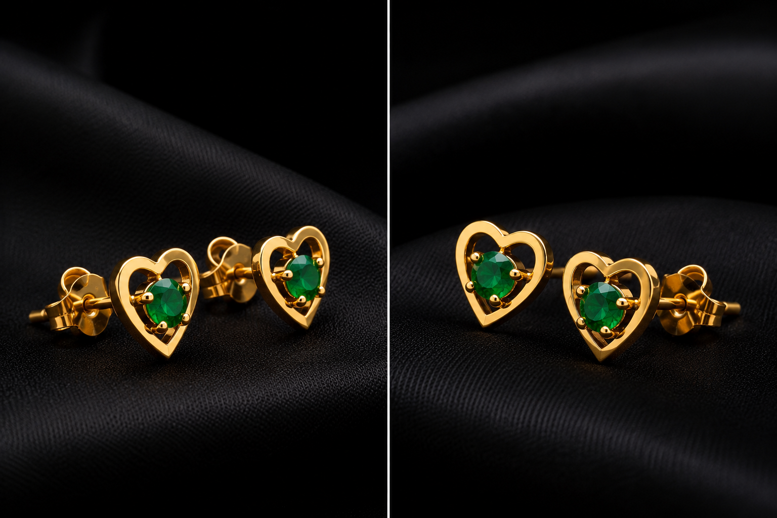 22K Gold Heart Stud Earrings with Green Stone