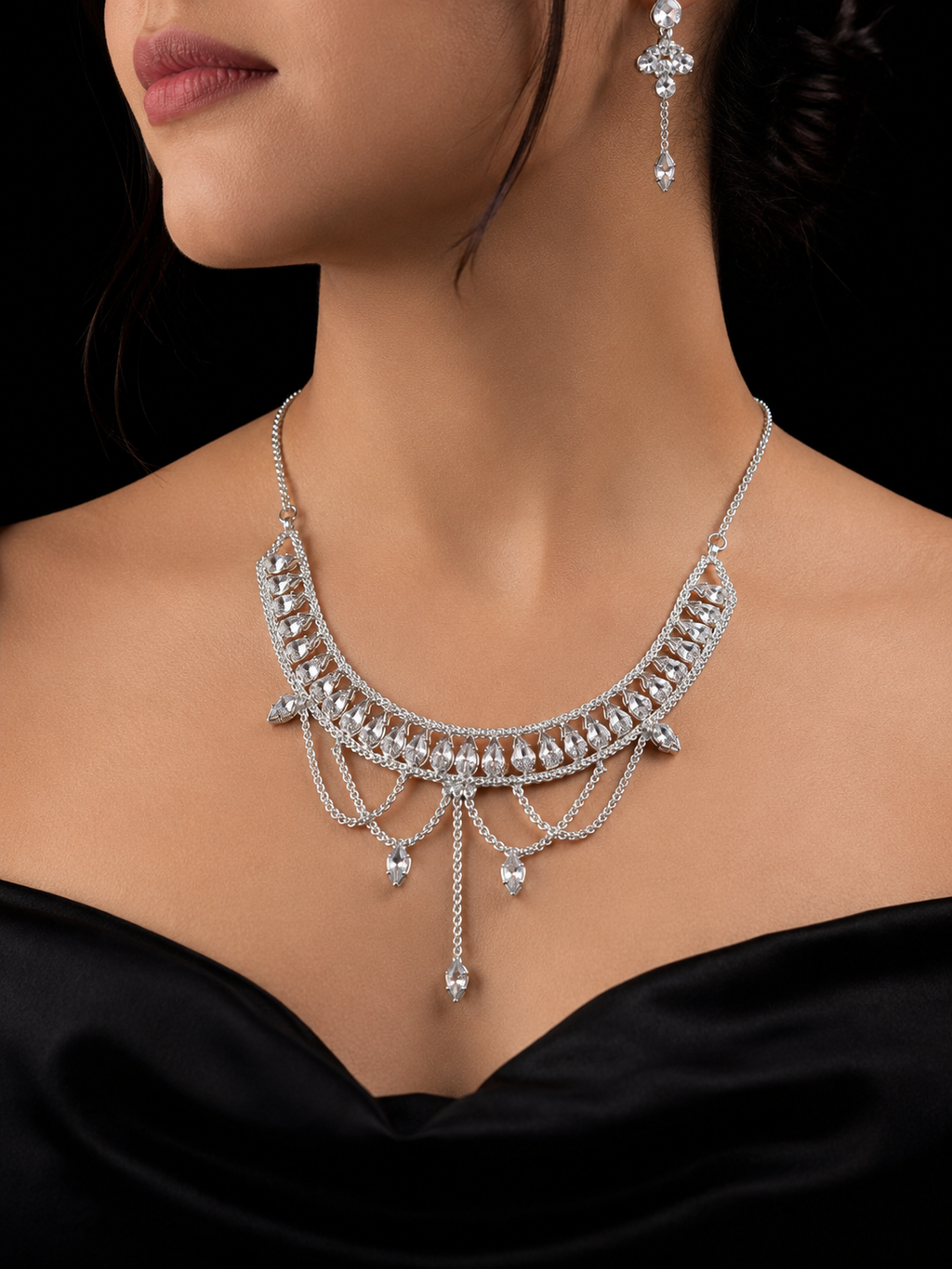 925 Sterling Silver Crystal Drape Necklace Set