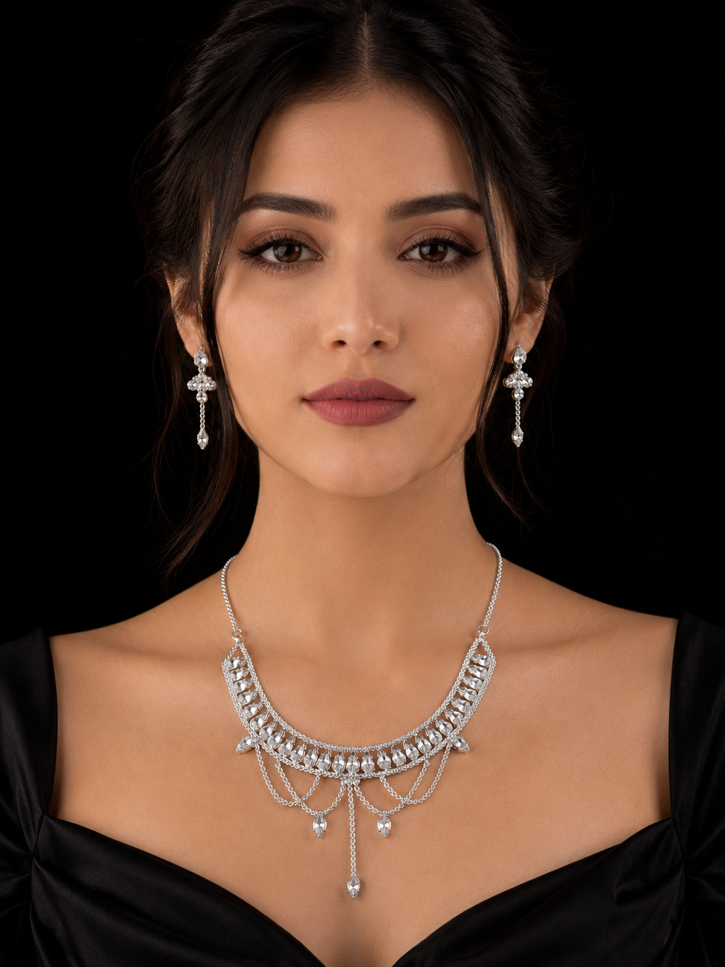 925 Sterling Silver Crystal Drape Necklace Set