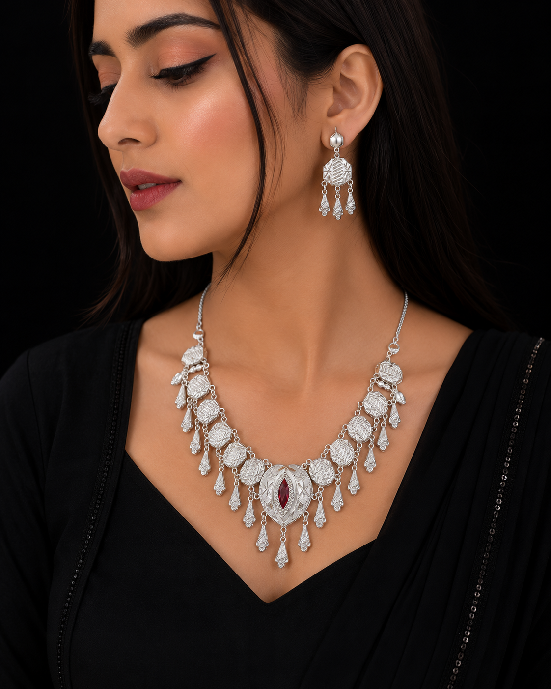 925 Sterling Silver Traditional Necklace Set with Red Stone