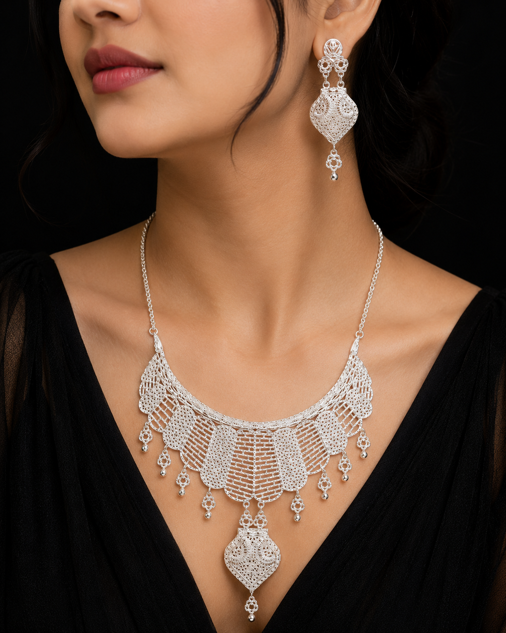 925 Sterling Silver Filigree Statement Necklace Set