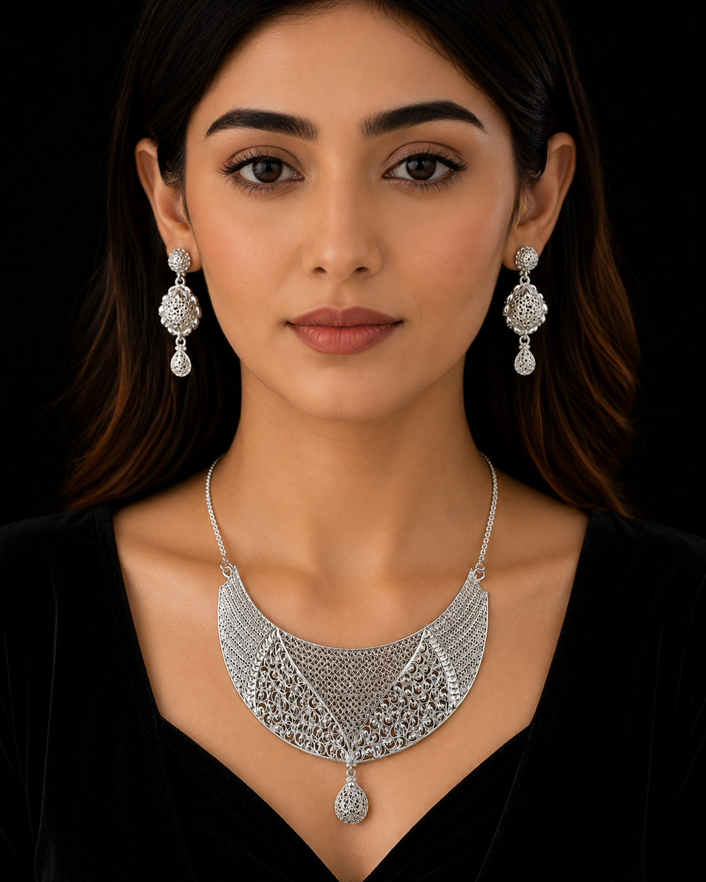 925 Sterling Silver Statement Necklace Set 28 gram