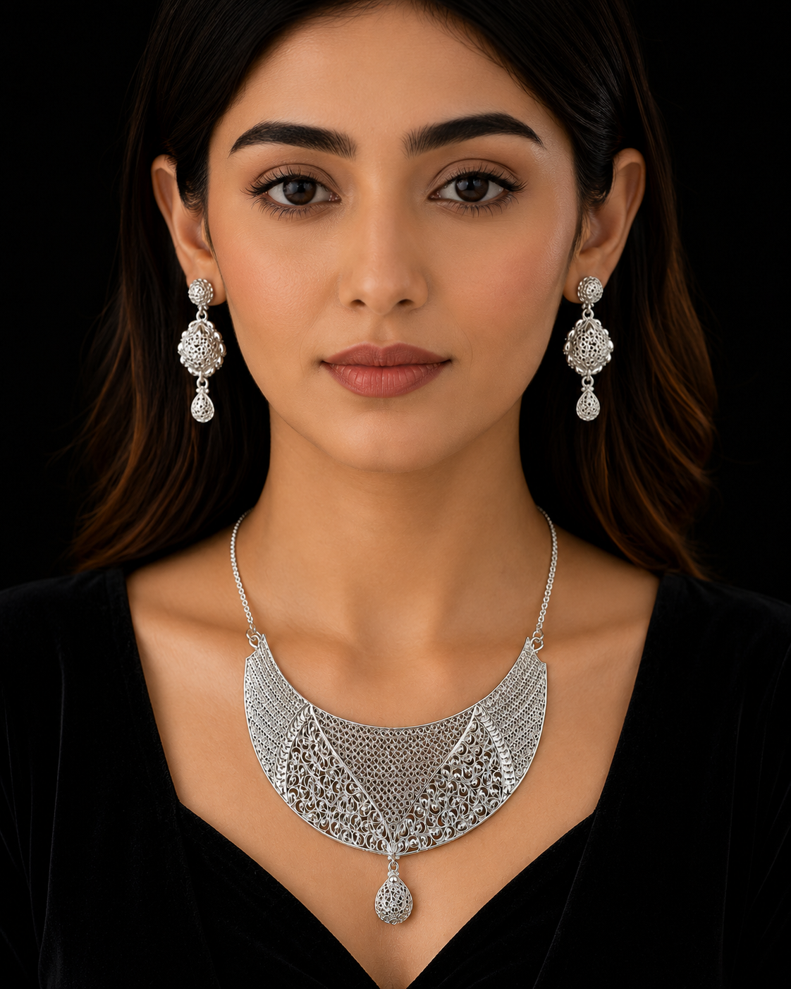 925 Sterling Silver Statement Necklace Set 28 gram