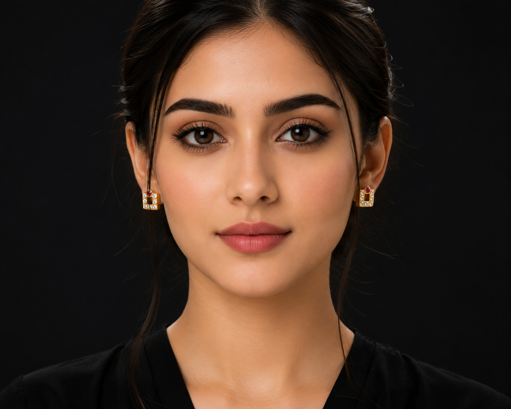 22K Gold Square Stud Earrings with Ruby Accent