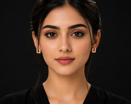 22K Gold Square Stud Earrings with Ruby Accent