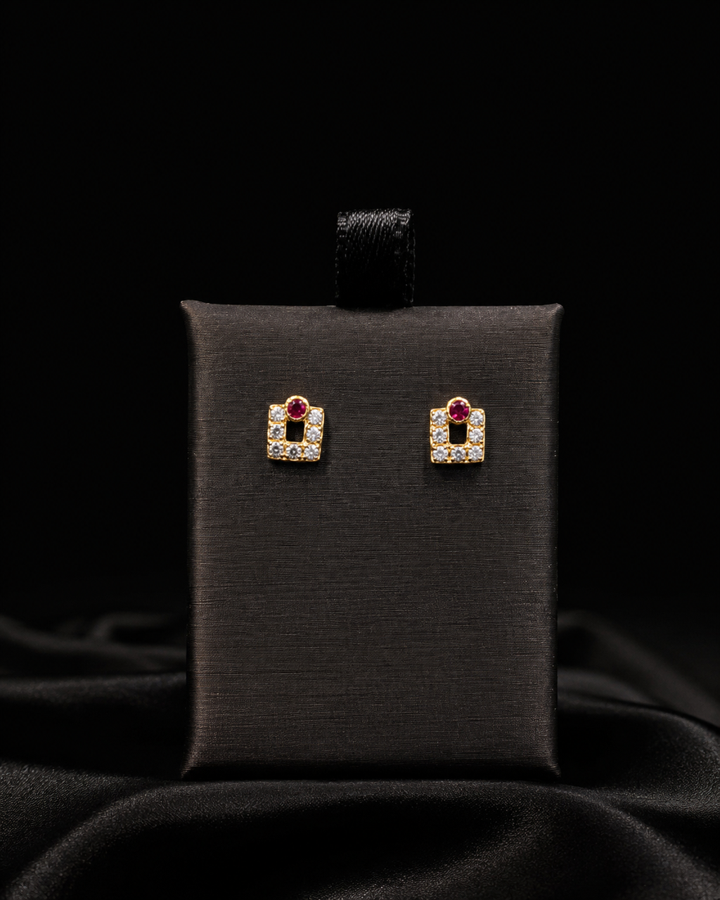 22K Gold Square Stud Earrings with Ruby Accent