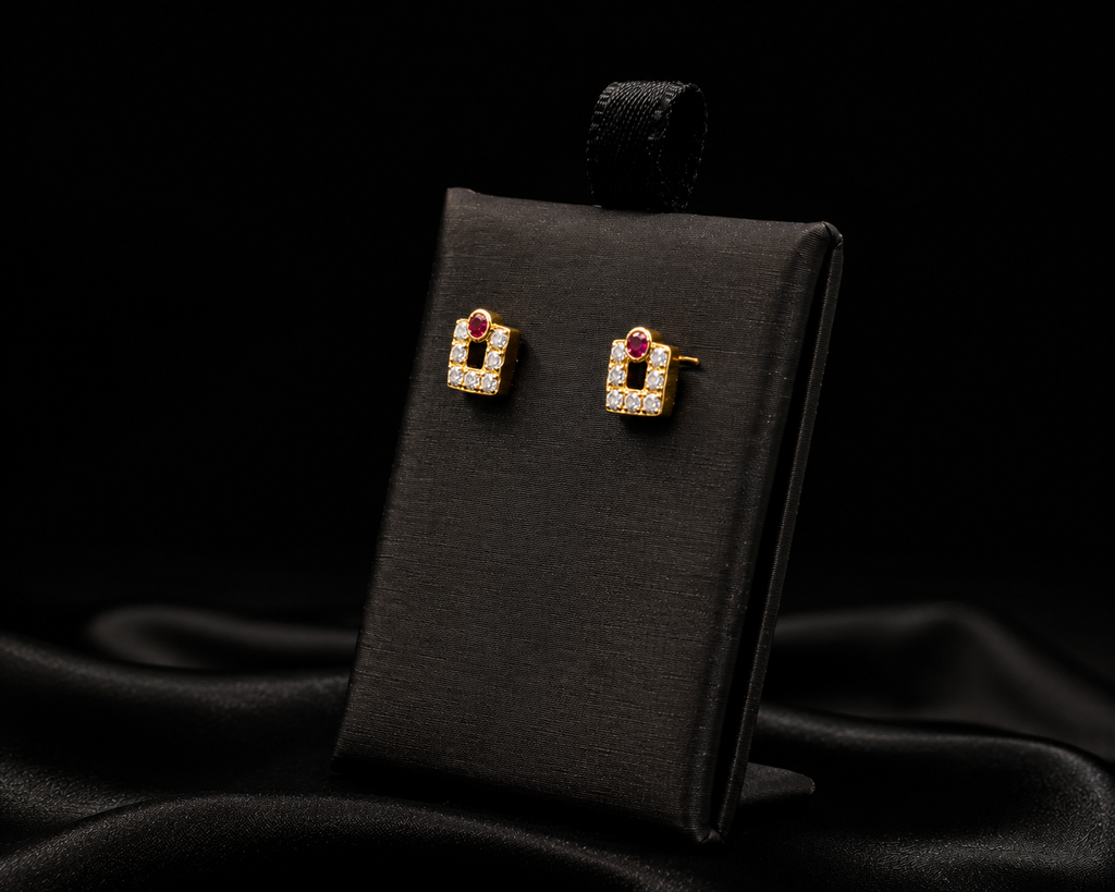 22K Gold Square Stud Earrings with Ruby Accent
