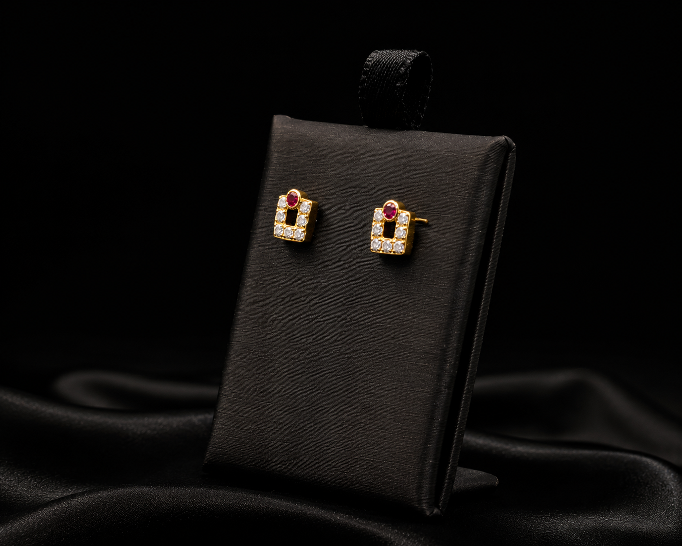 22K Gold Square Stud Earrings with Ruby Accent