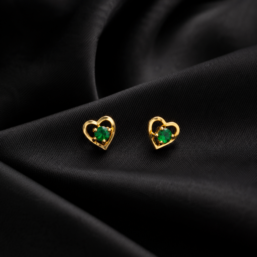 22K Gold Heart Stud Earrings with Green Stone