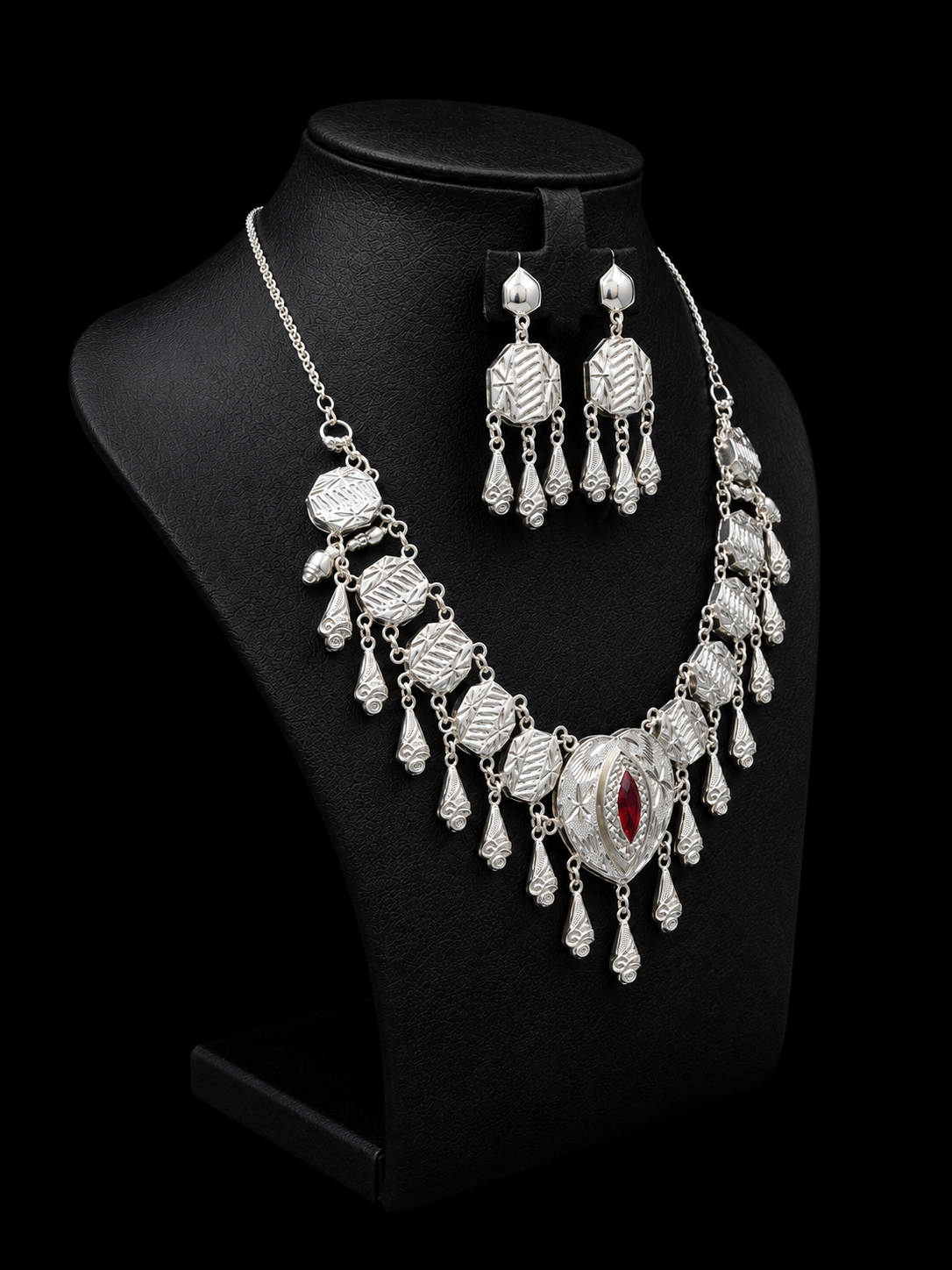 925 Sterling Silver Traditional Necklace Set with Red Stone