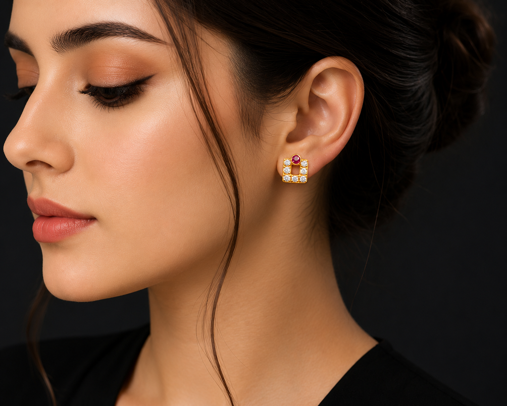 22K Gold Square Stud Earrings with Ruby Accent