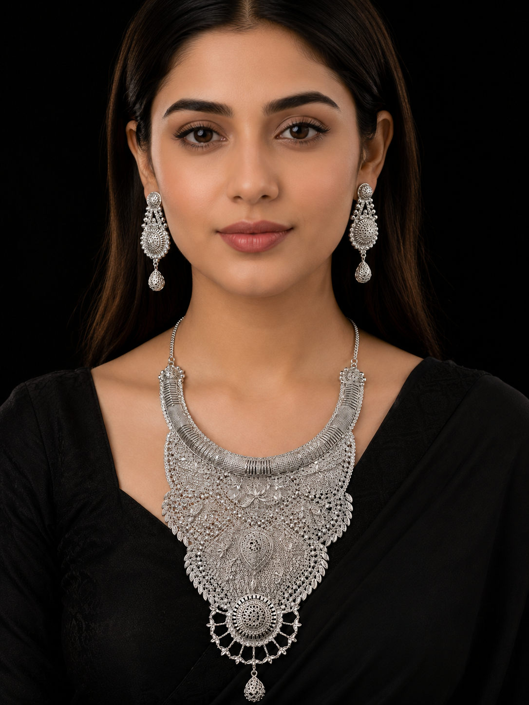 925 Sterling Silver Bridal Necklace Set with Matching Earrings 120 gram