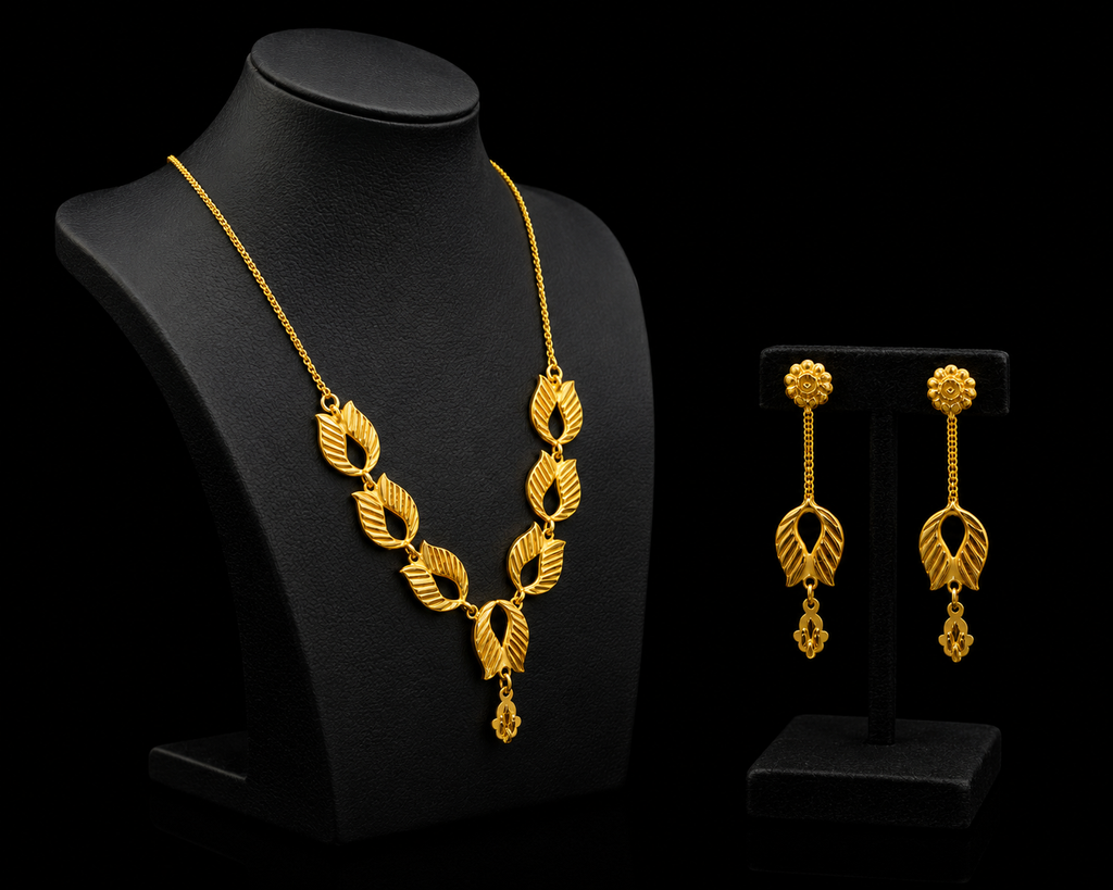 Silver Gold Leaf Design Necklace Set