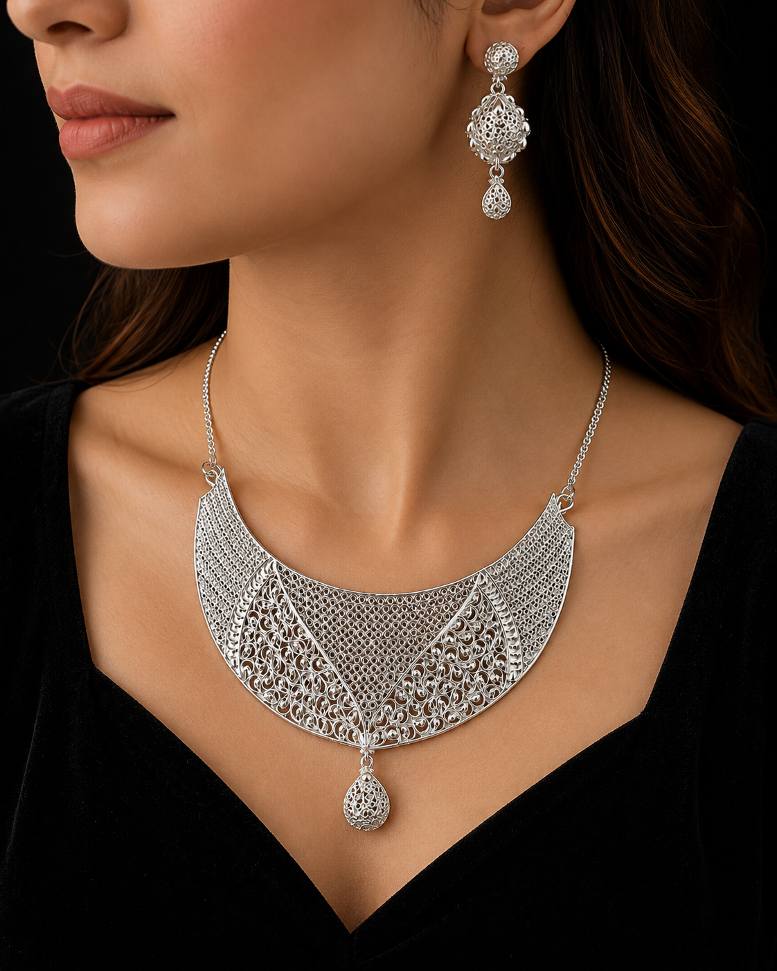 925 Sterling Silver Statement Necklace Set 28 gram