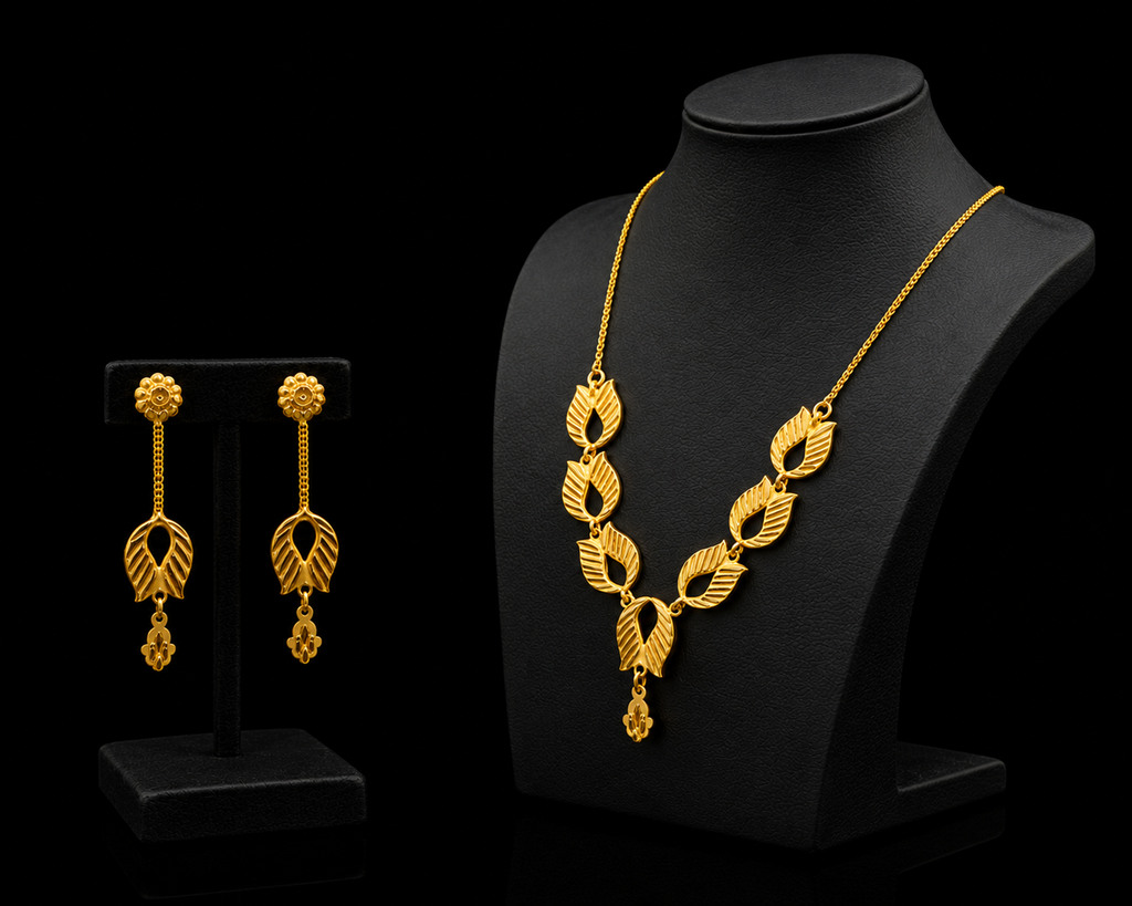 Silver Gold Leaf Design Necklace Set
