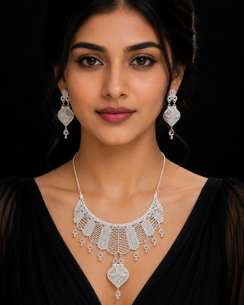 925 Sterling Silver Filigree Statement Necklace Set