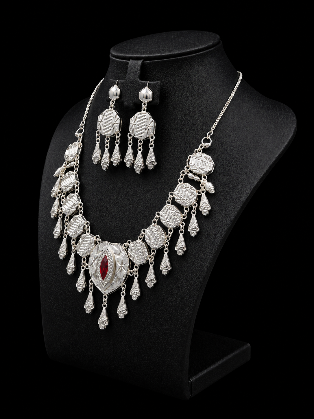 925 Sterling Silver Traditional Necklace Set with Red Stone