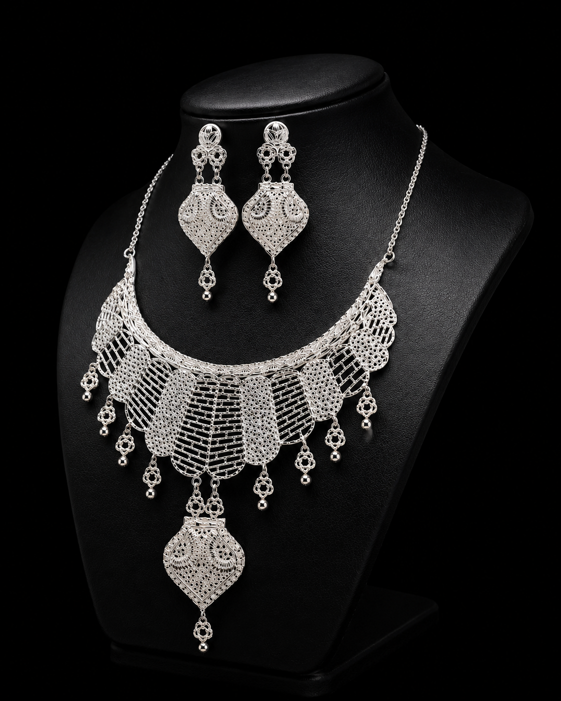 925 Sterling Silver Filigree Statement Necklace Set