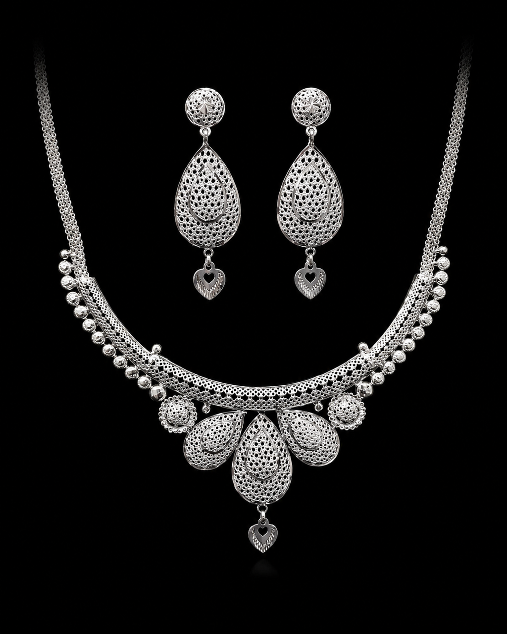 925 Sterling Silver Filigree Necklace & Earrings Set with Heart Charms 37.1 gram