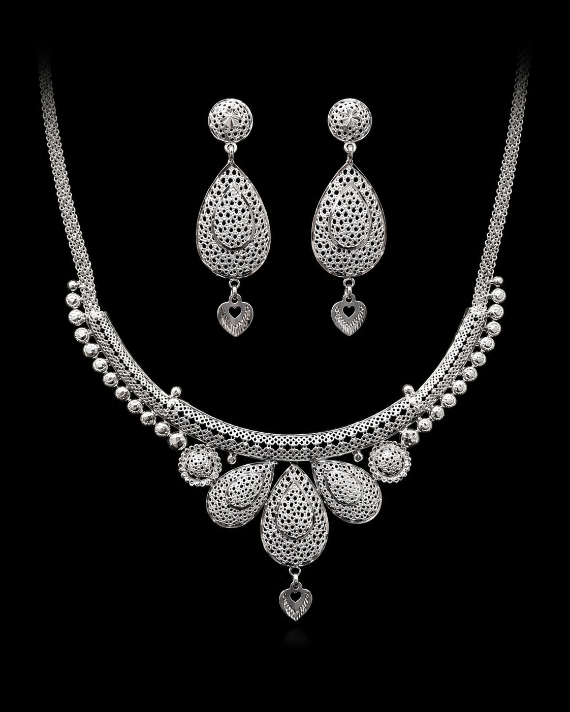 925 Sterling Silver Filigree Necklace & Earrings Set with Heart Charms 37.1 gram