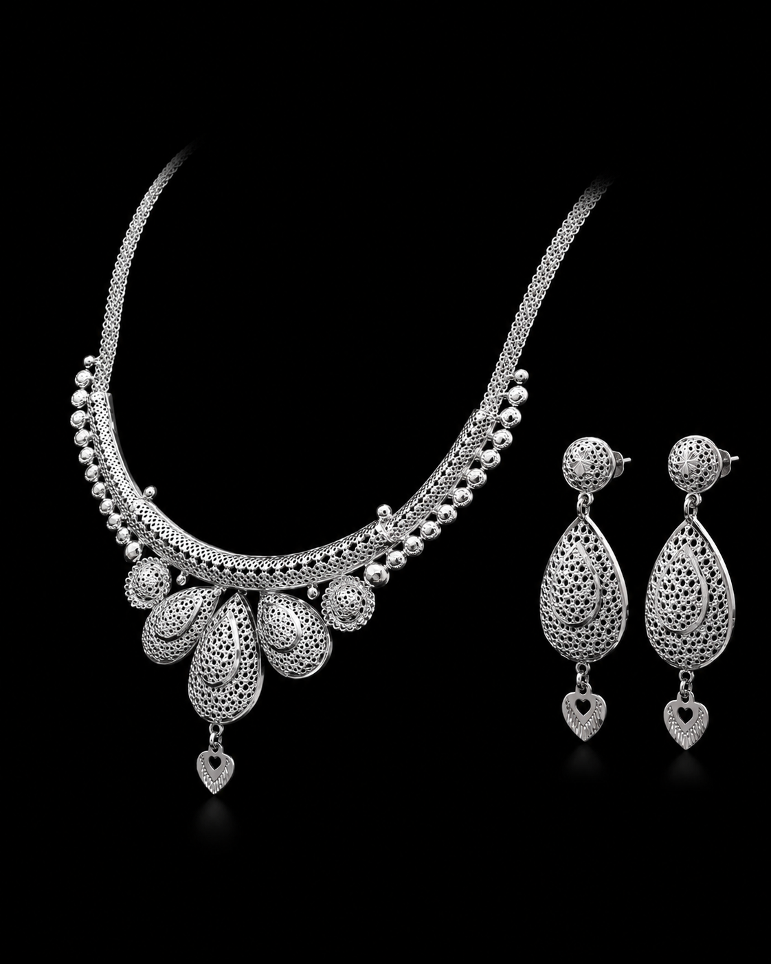 925 Sterling Silver Filigree Necklace & Earrings Set with Heart Charms 37.1 gram