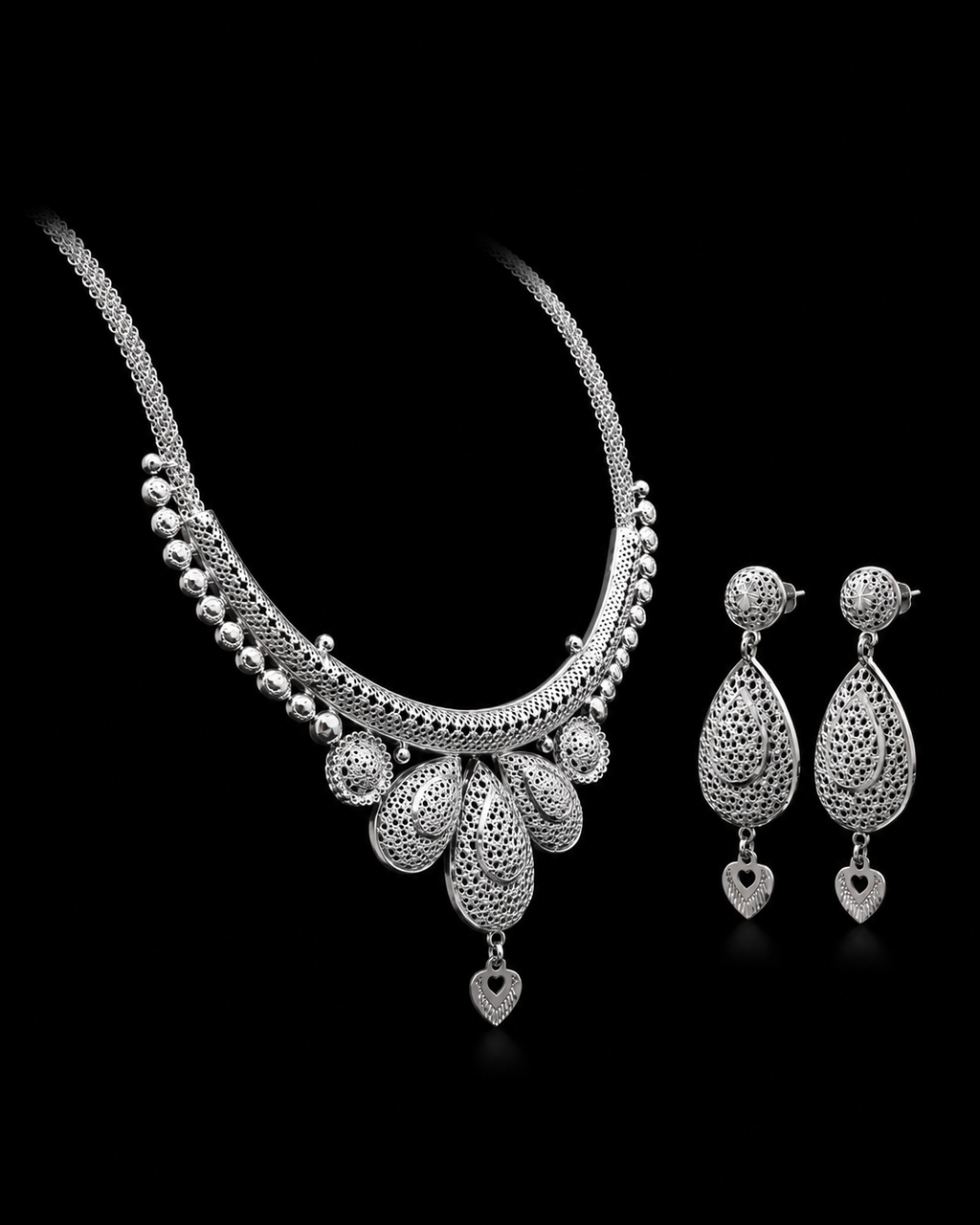 925 Sterling Silver Filigree Necklace & Earrings Set with Heart Charms 37.1 gram