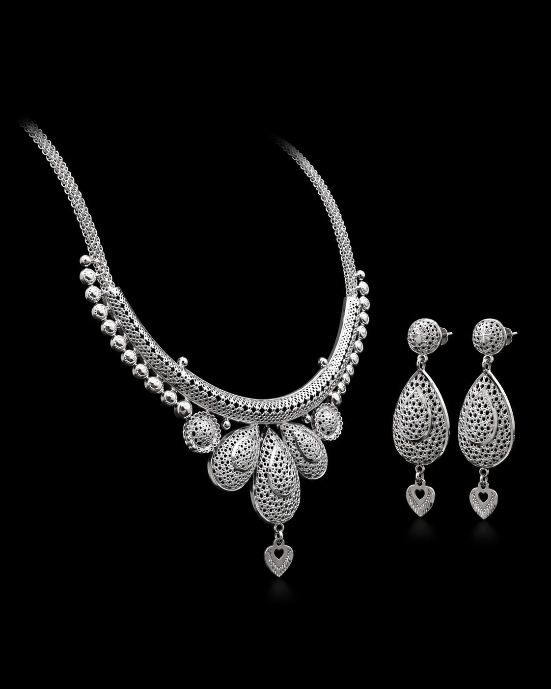 925 Sterling Silver Filigree Necklace & Earrings Set with Heart Charms 37.1 gram