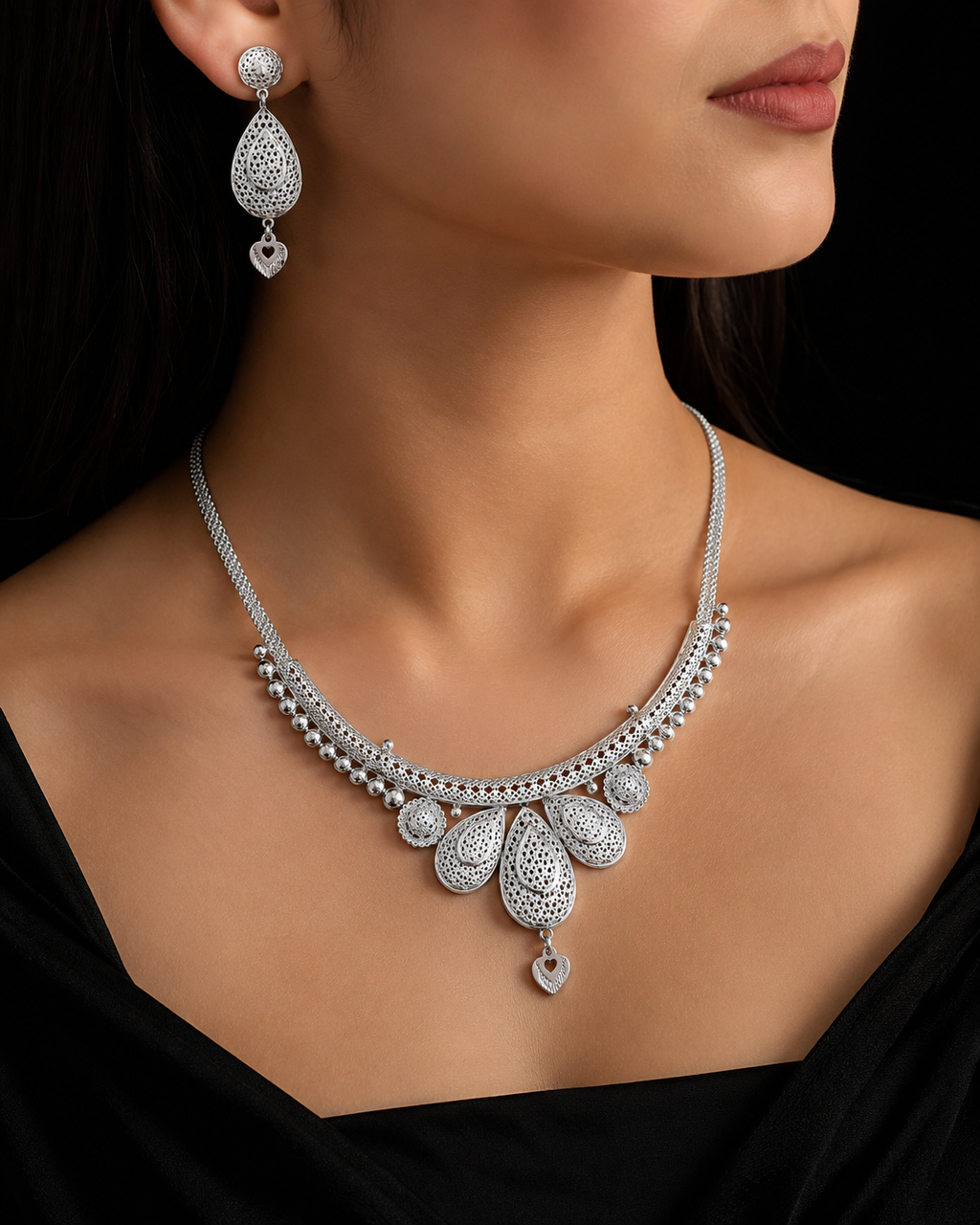 925 Sterling Silver Filigree Necklace & Earrings Set with Heart Charms 37.1 gram