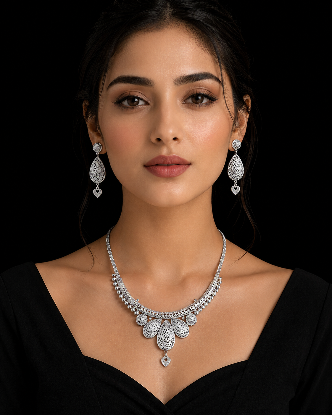 925 Sterling Silver Filigree Necklace & Earrings Set with Heart Charms 37.1 gram