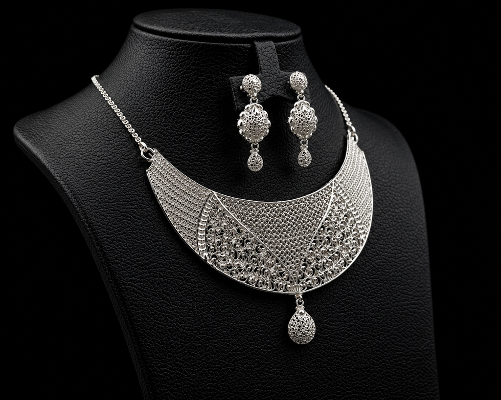 925 Sterling Silver Statement Necklace Set 28 gram