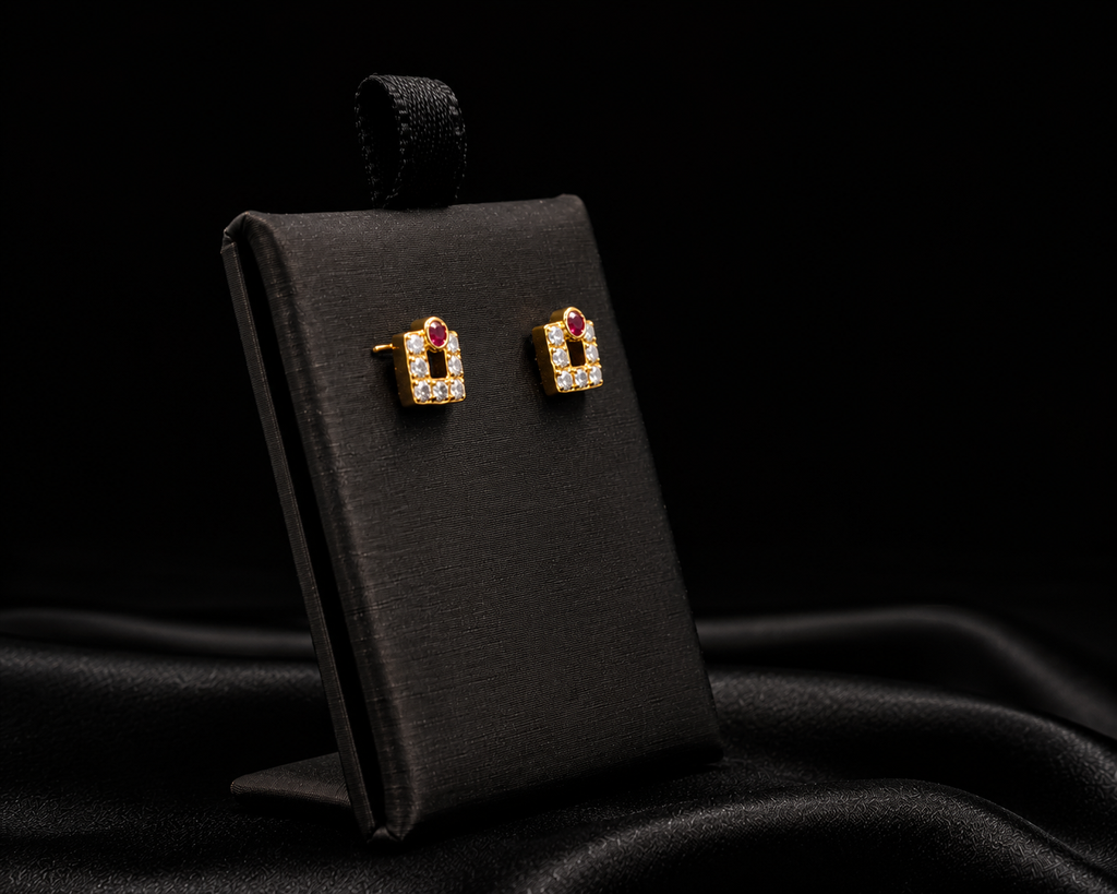 22K Gold Square Stud Earrings with Ruby Accent