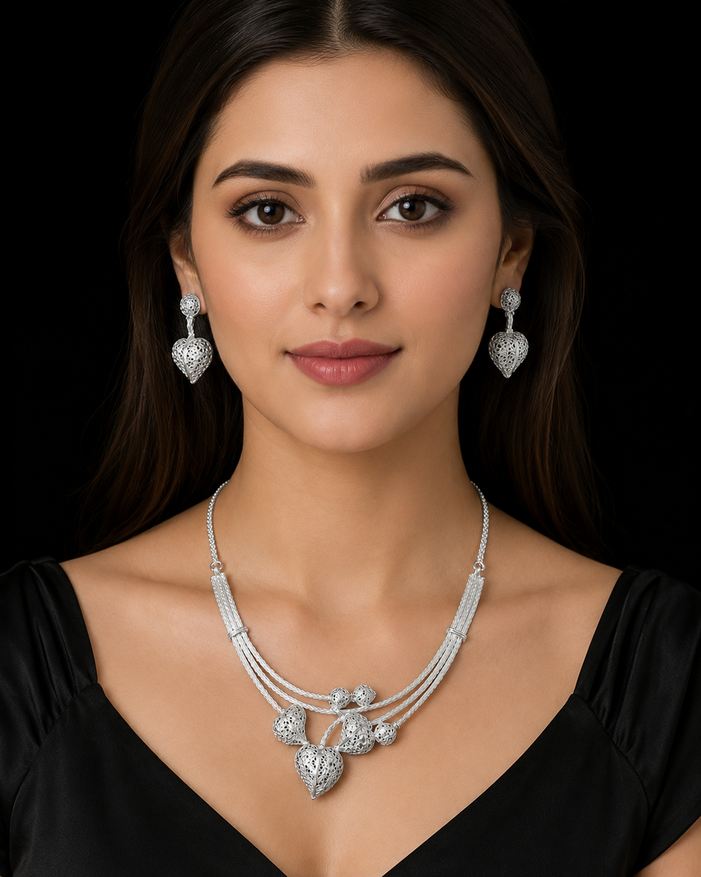 925 Sterling Silver Heart Necklace Set 21.3 gram