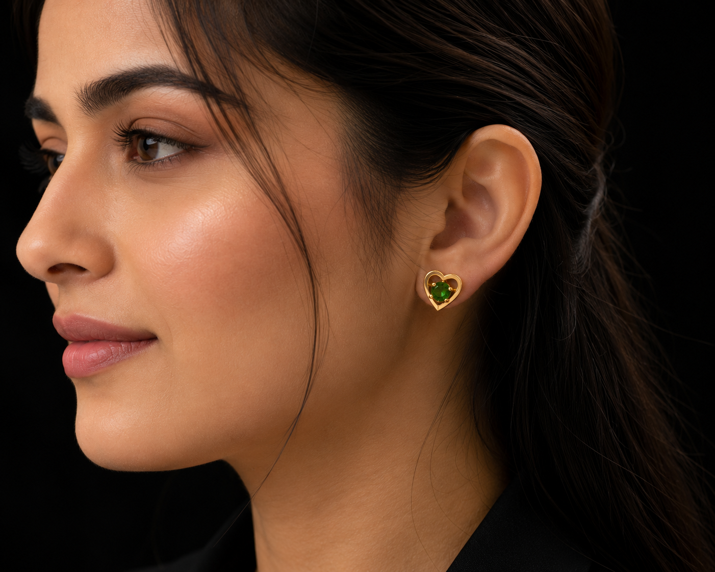 22K Gold Heart Stud Earrings with Green Stone