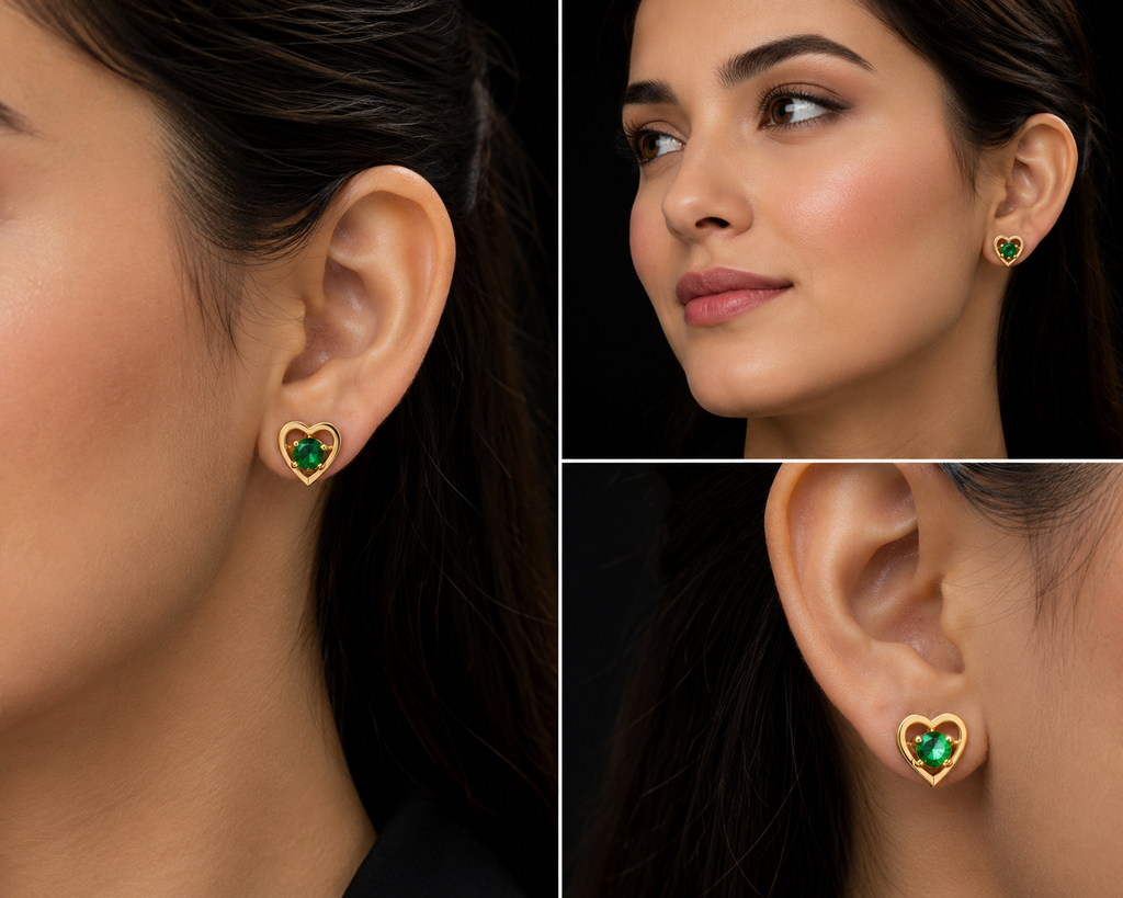 22K Gold Heart Stud Earrings with Green Stone