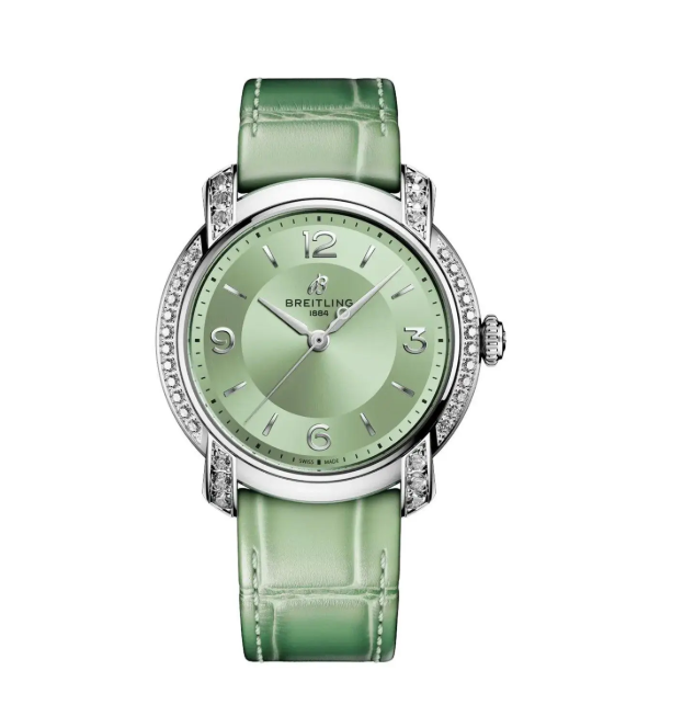 Breitling Ladies Diamond Green Dial Leather Strap Watch