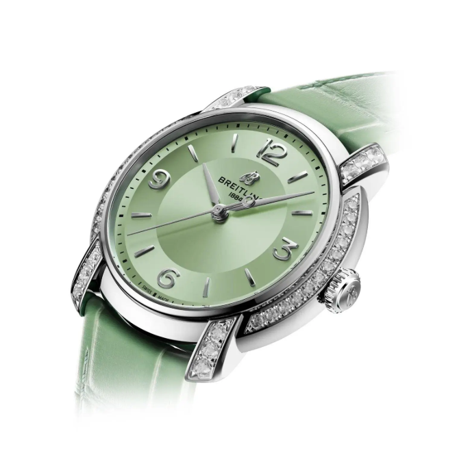 Breitling Ladies Diamond Green Dial Leather Strap Watch