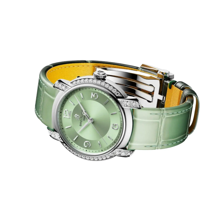 Breitling Ladies Diamond Green Dial Leather Strap Watch